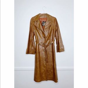 Vintage Leather Trench Coat Long Cognac M